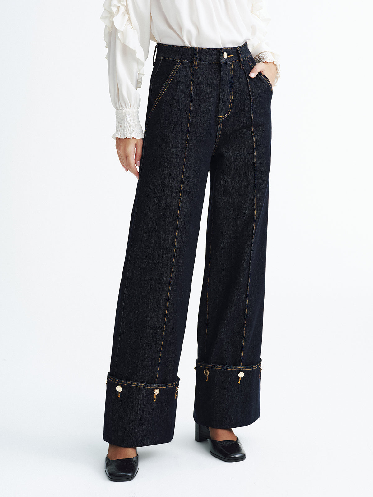 Mid-Waist Denim Cuffed Jeans