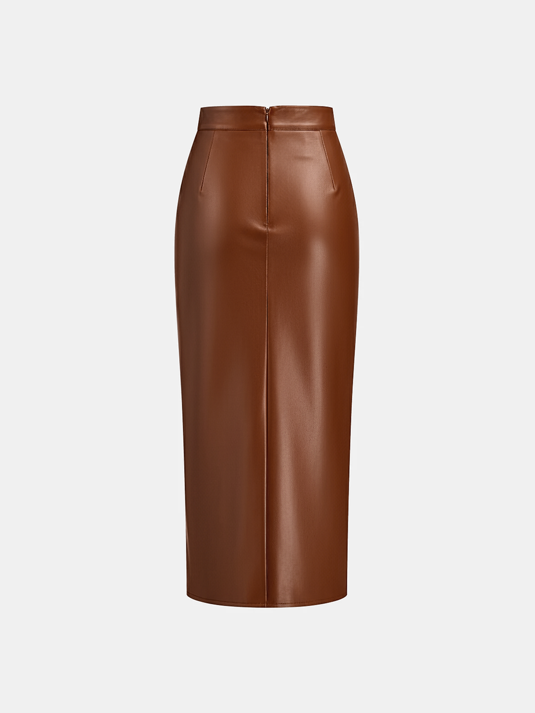 Ruched Slit PU Leather Midi Skirt