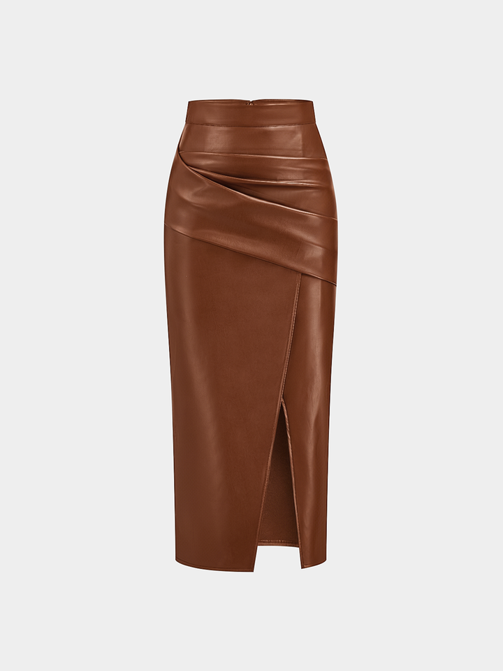 Ruched Slit PU Leather Midi Skirt