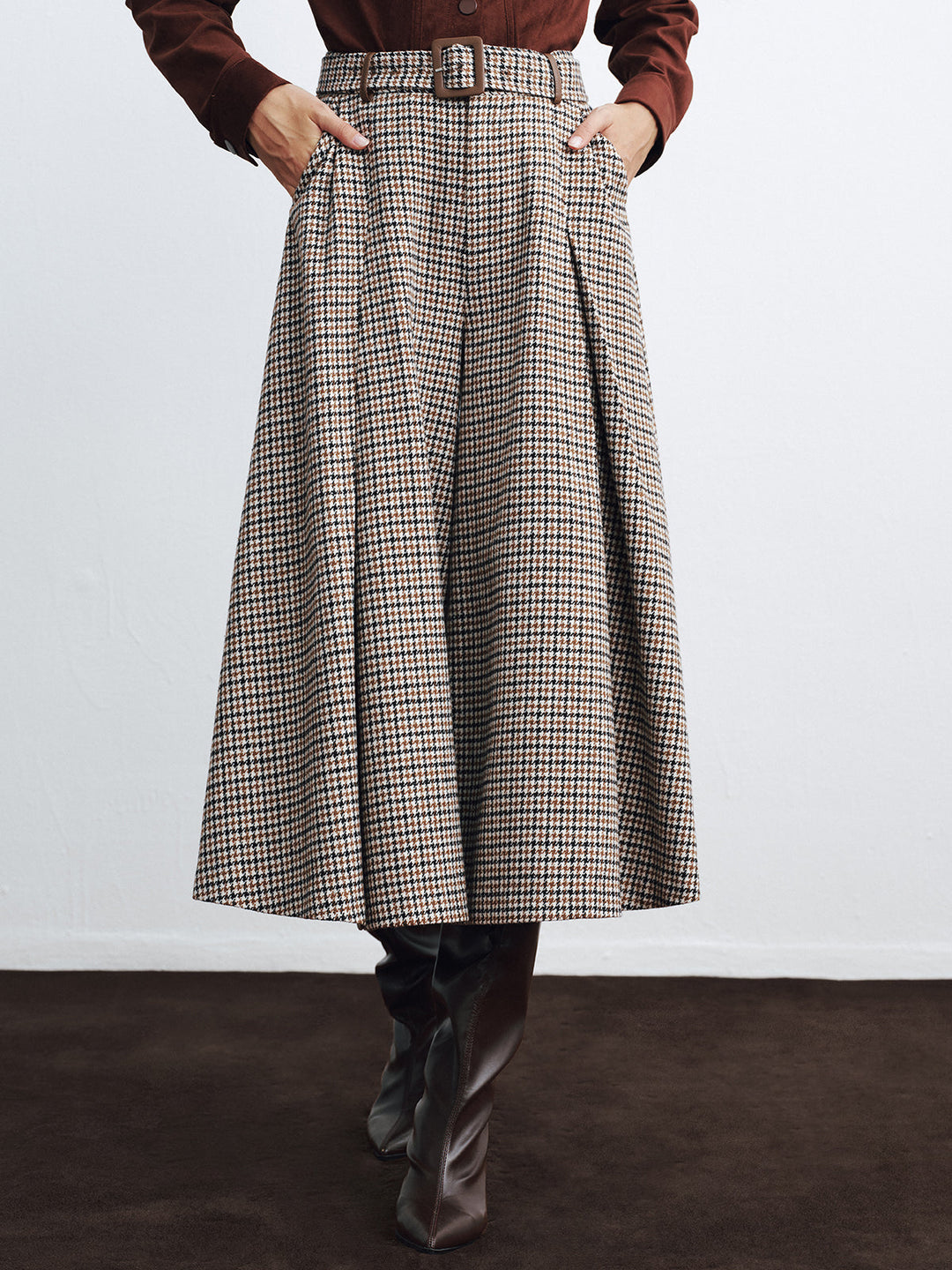 High-Waist Belted Houndstooth Wide-Leg Pants