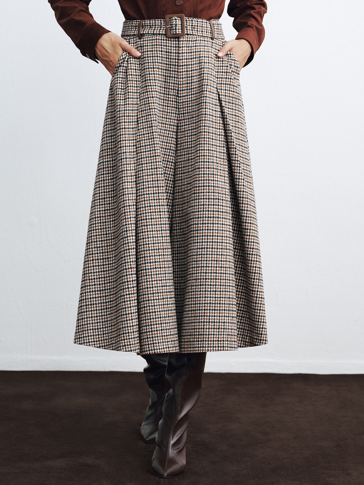 High-Waist Belted Houndstooth Wide-Leg Pants