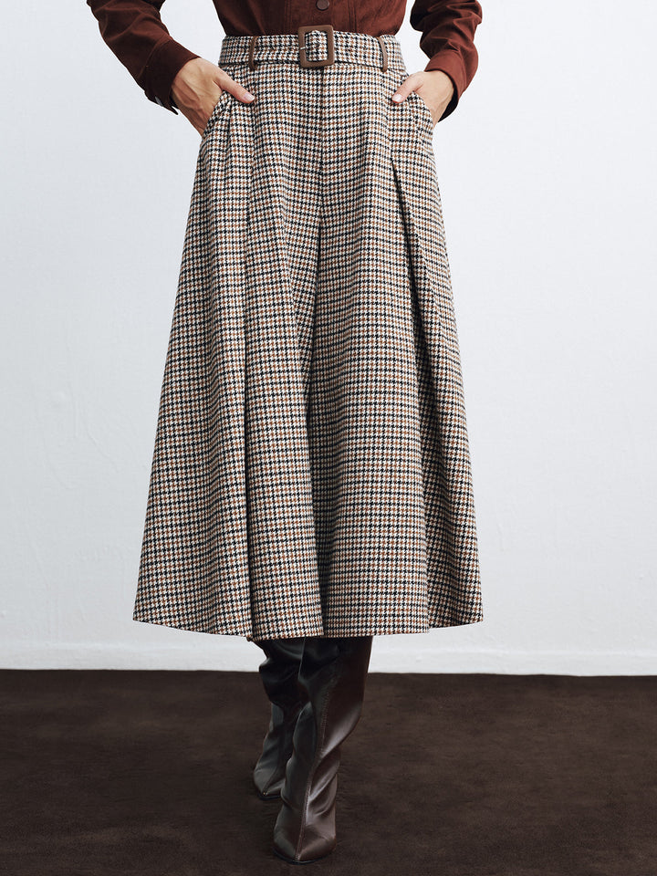 High-Waist Belted Houndstooth Wide-Leg Pants