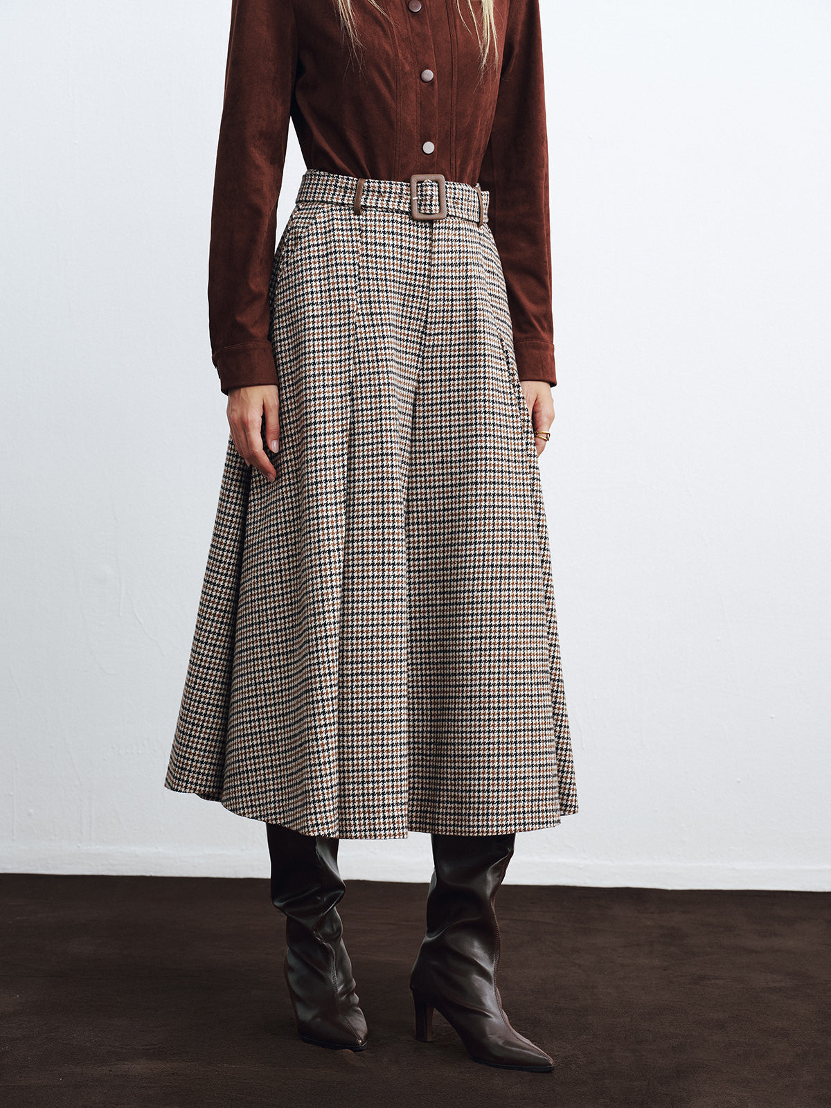 High-Waist Belted Houndstooth Wide-Leg Pants