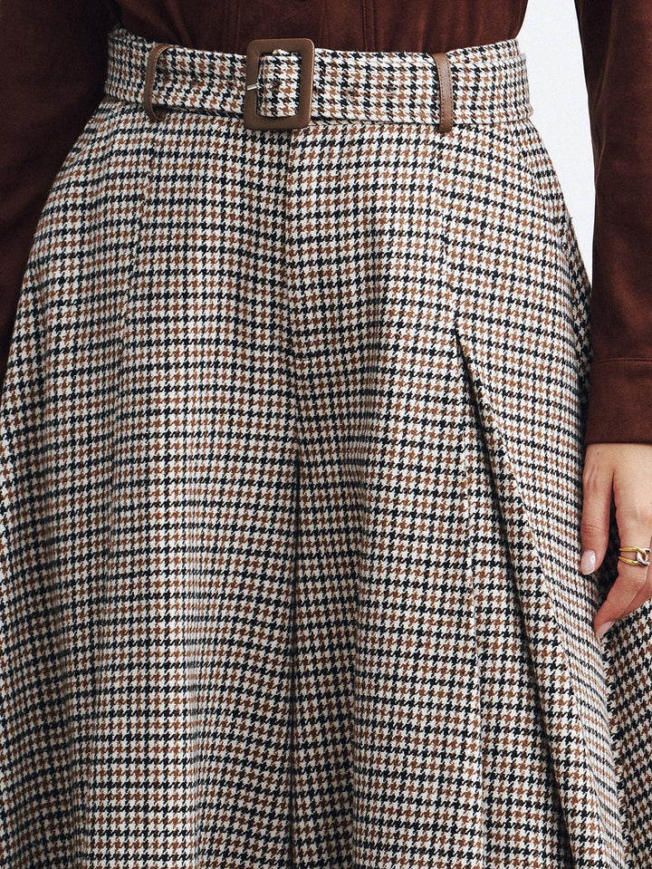 High-Waist Belted Houndstooth Wide-Leg Pants