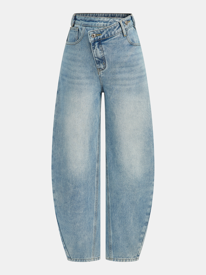 High-Waist Denim Asymmetric Curved-Leg Jeans
