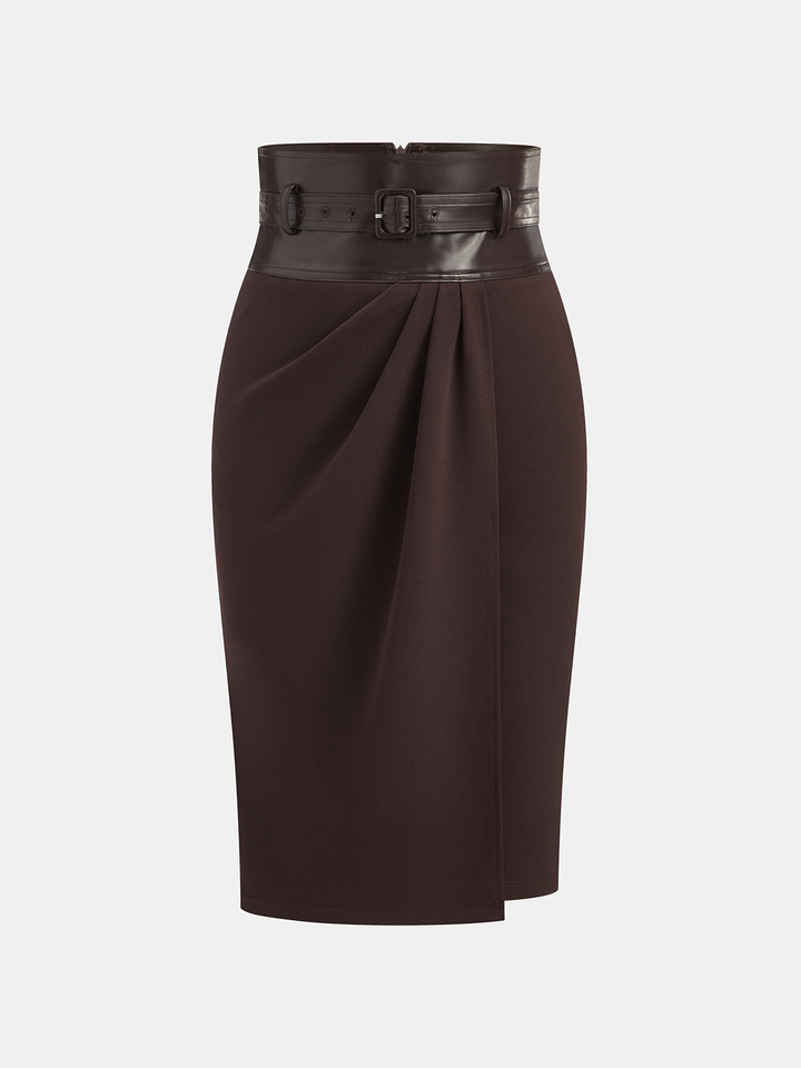 Faux Leather Panel Midi Skirt with Belt