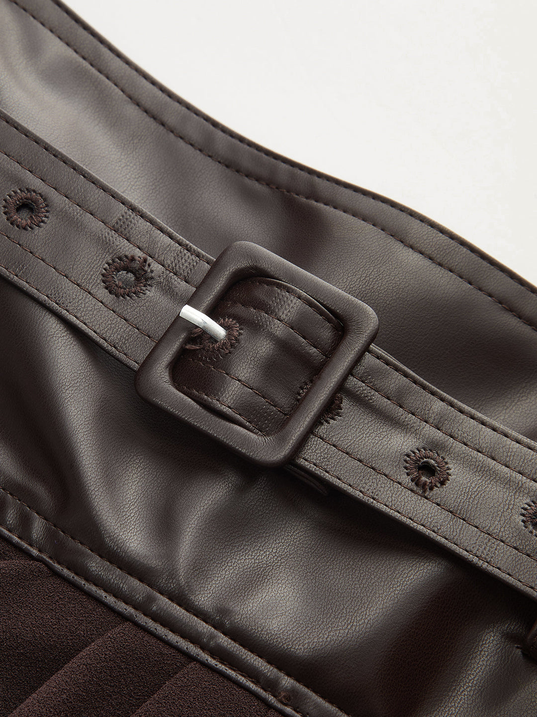 Faux Leather Panel Midi Skirt with Belt