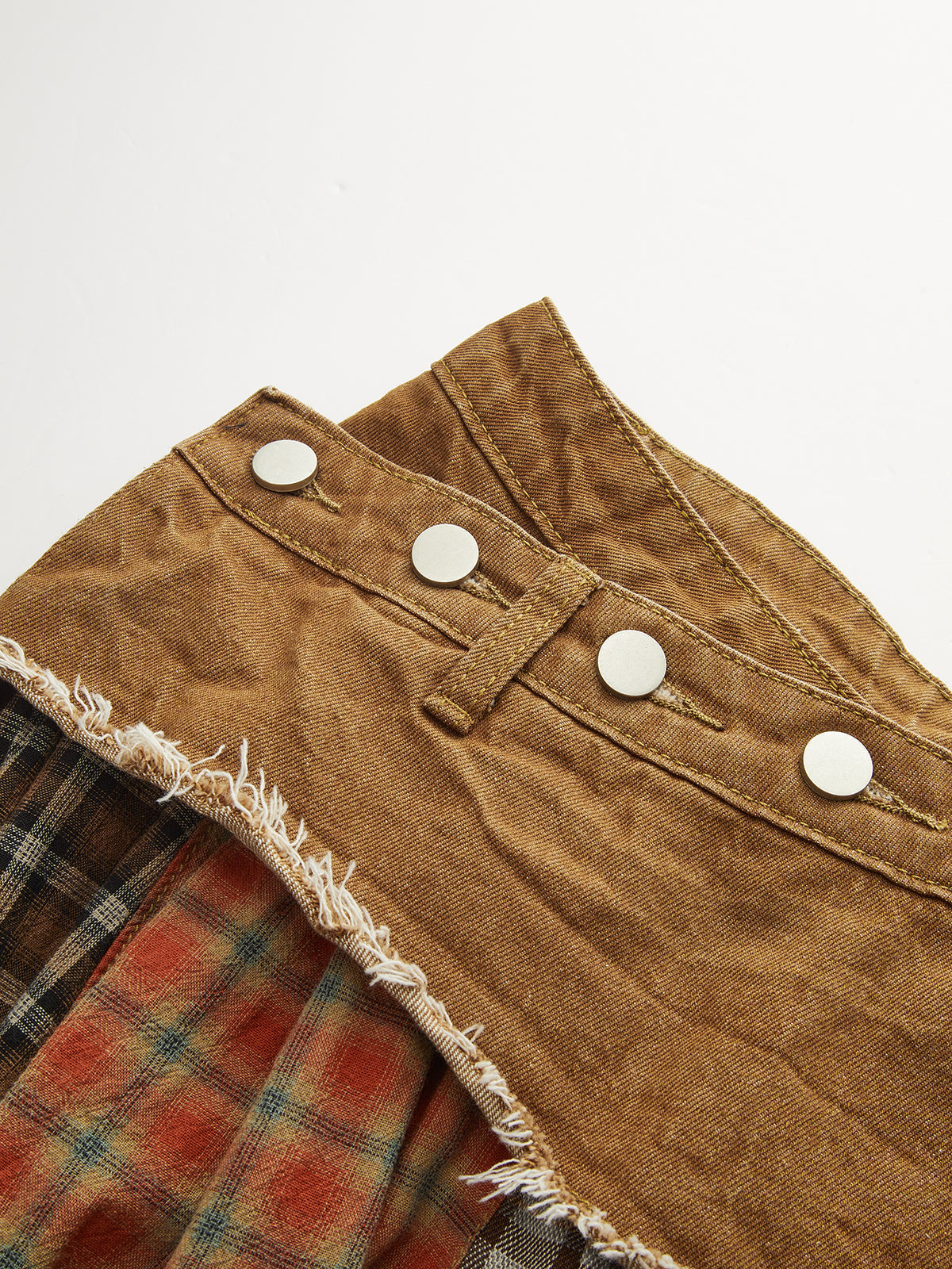 Denim Paneled Mixed Plaid Midi Skirt