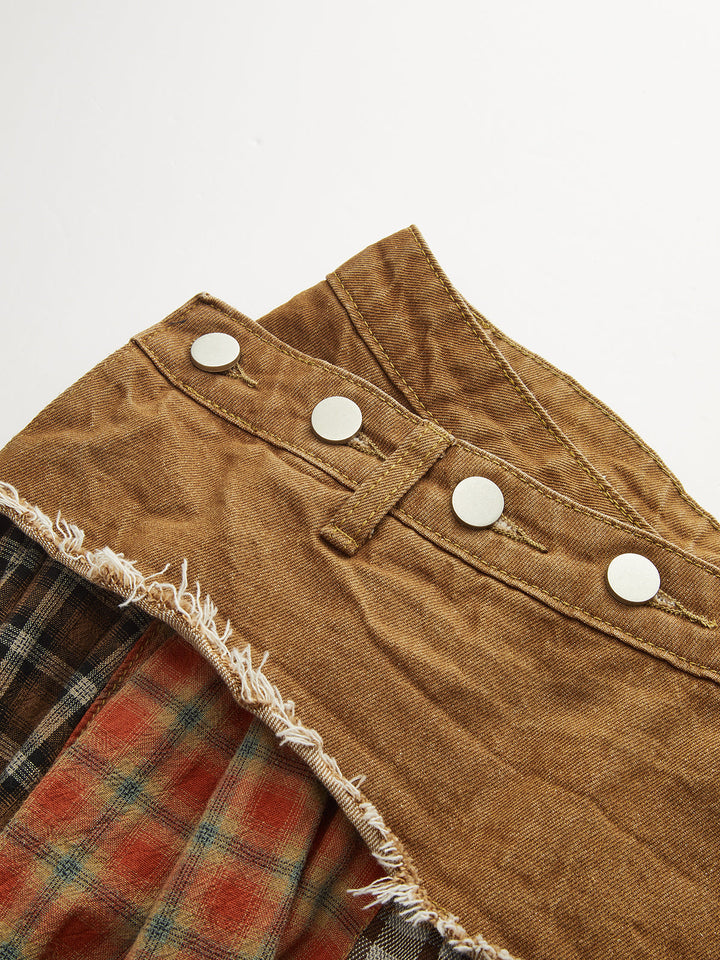 Denim Paneled Mixed Plaid Midi Skirt