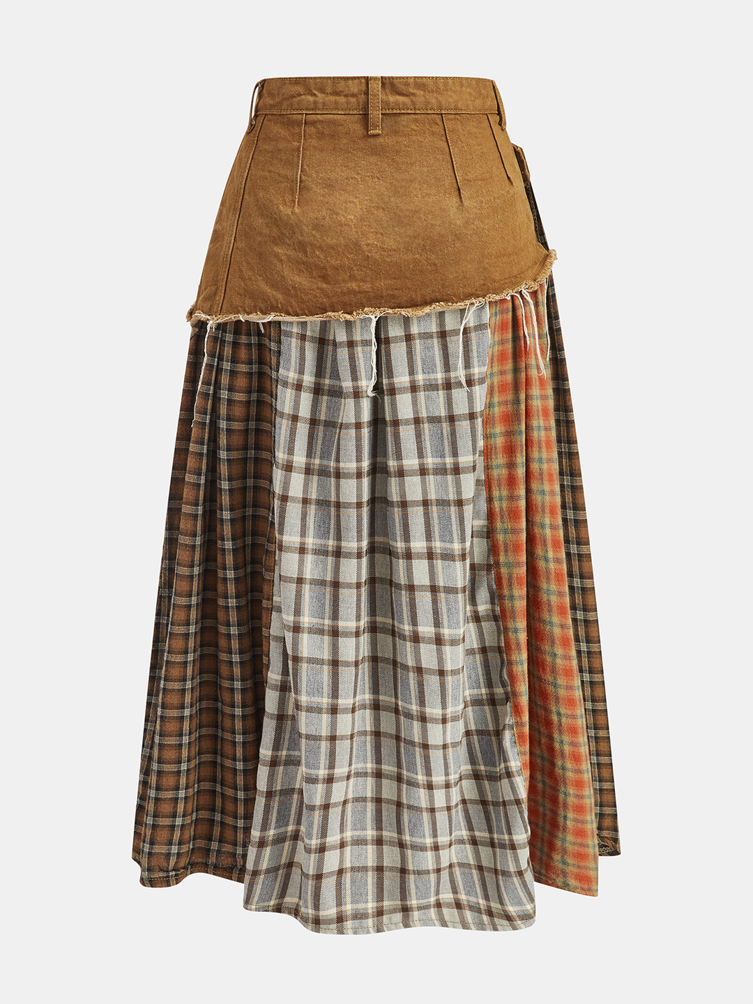 Denim Paneled Mixed Plaid Midi Skirt