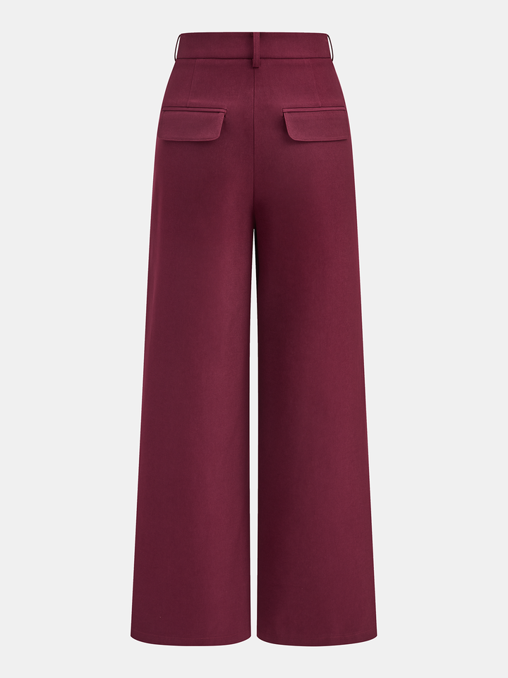 High-Waist Metal Button Pleated Wide-Leg Pants