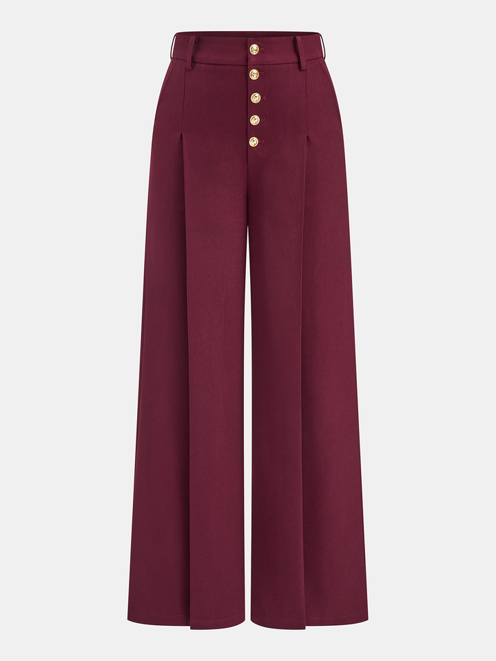 High-Waist Metal Button Pleated Wide-Leg Pants