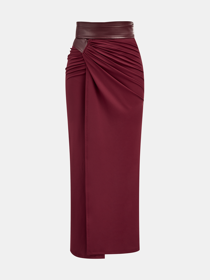 Faux Leather Panel Ruched Midi Skirt