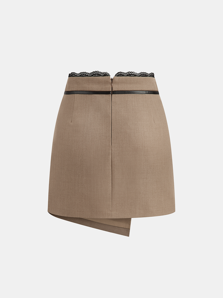 Lace Trim Faux Leather Buckle Mini Skirt