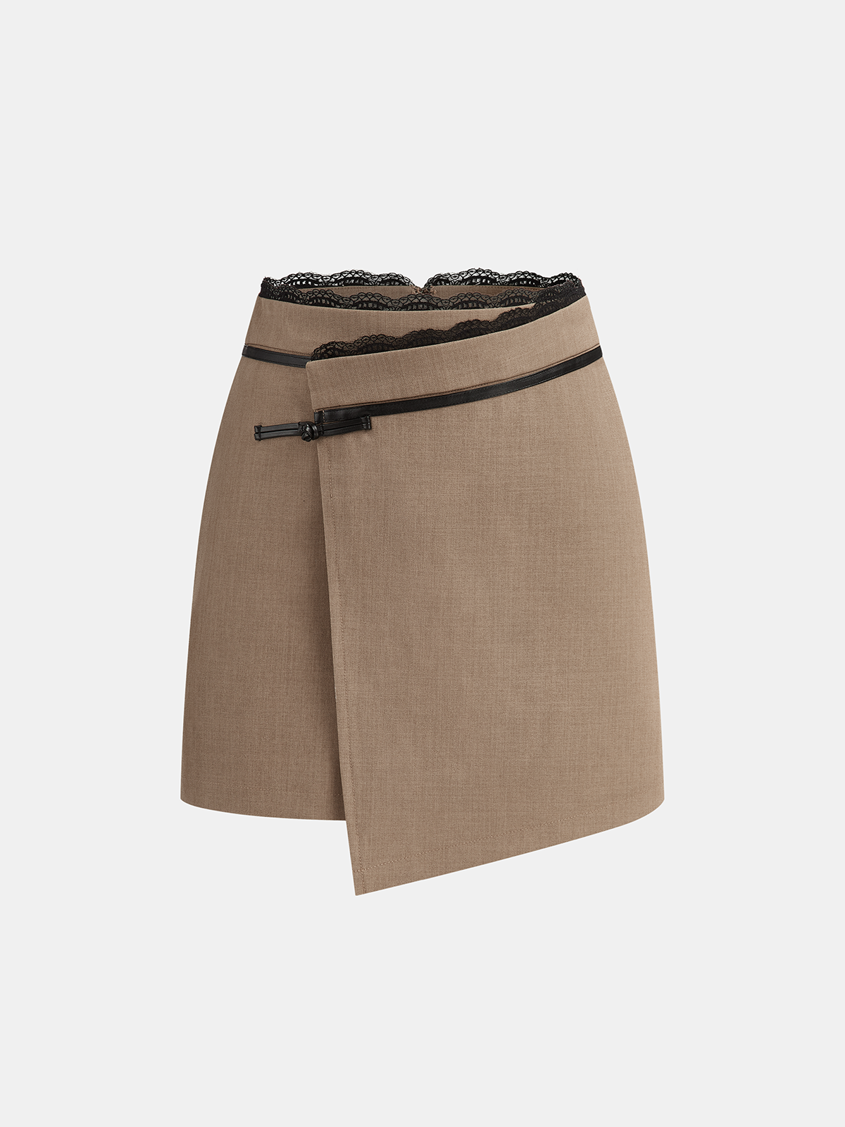 Lace Trim Faux Leather Buckle Mini Skirt