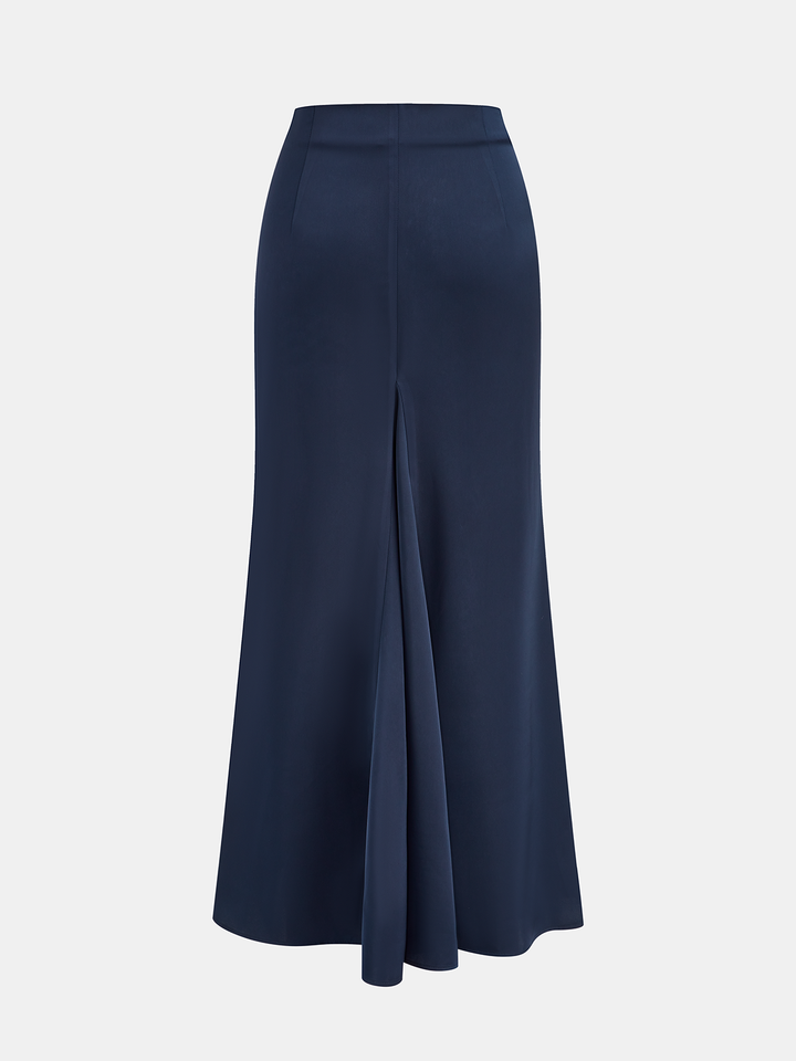 Asymmetric Ruffle Metal Detail Satin Maxi Skirt