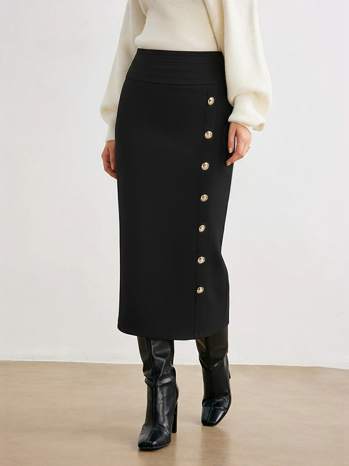 Metal Decor Midi Pencil Skirt