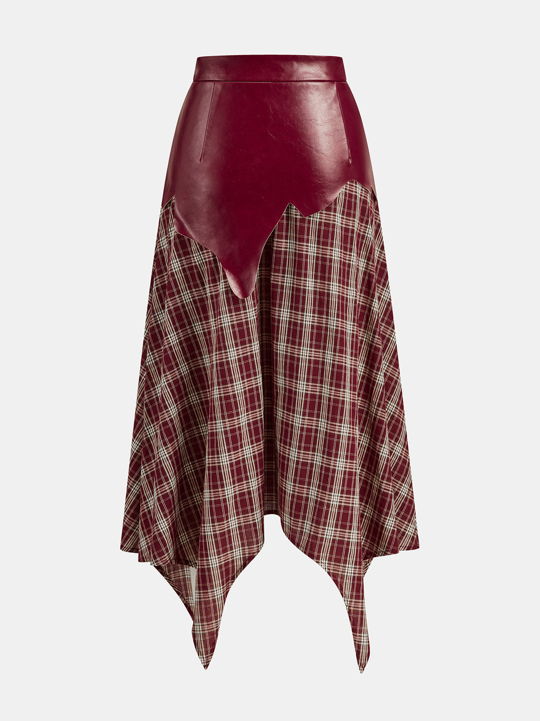 Faux Leather Panel Asymmetric Plaid Midi Skirt
