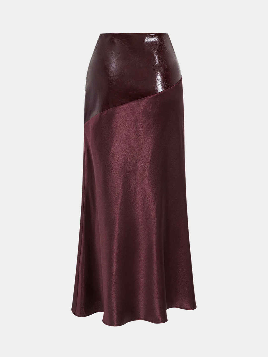 Faux Leather Panel Asymmetric Satin Maxi Skirt