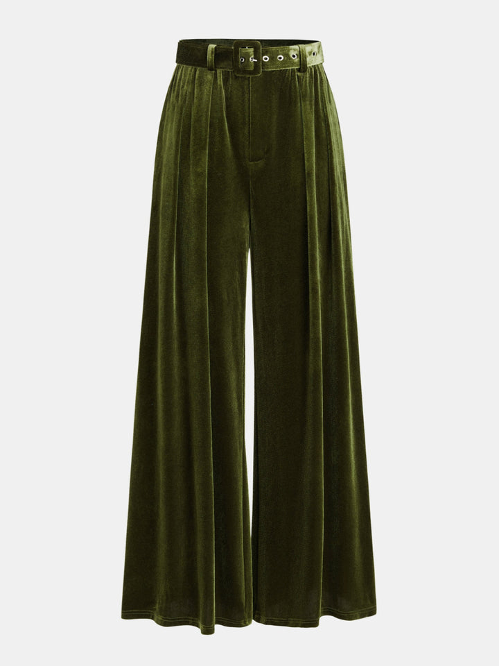 Belted Pleated Velvet Wide-Leg Pants