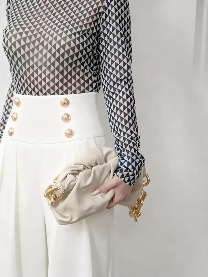 High-Waist Metal Detail Wide-Leg Pants