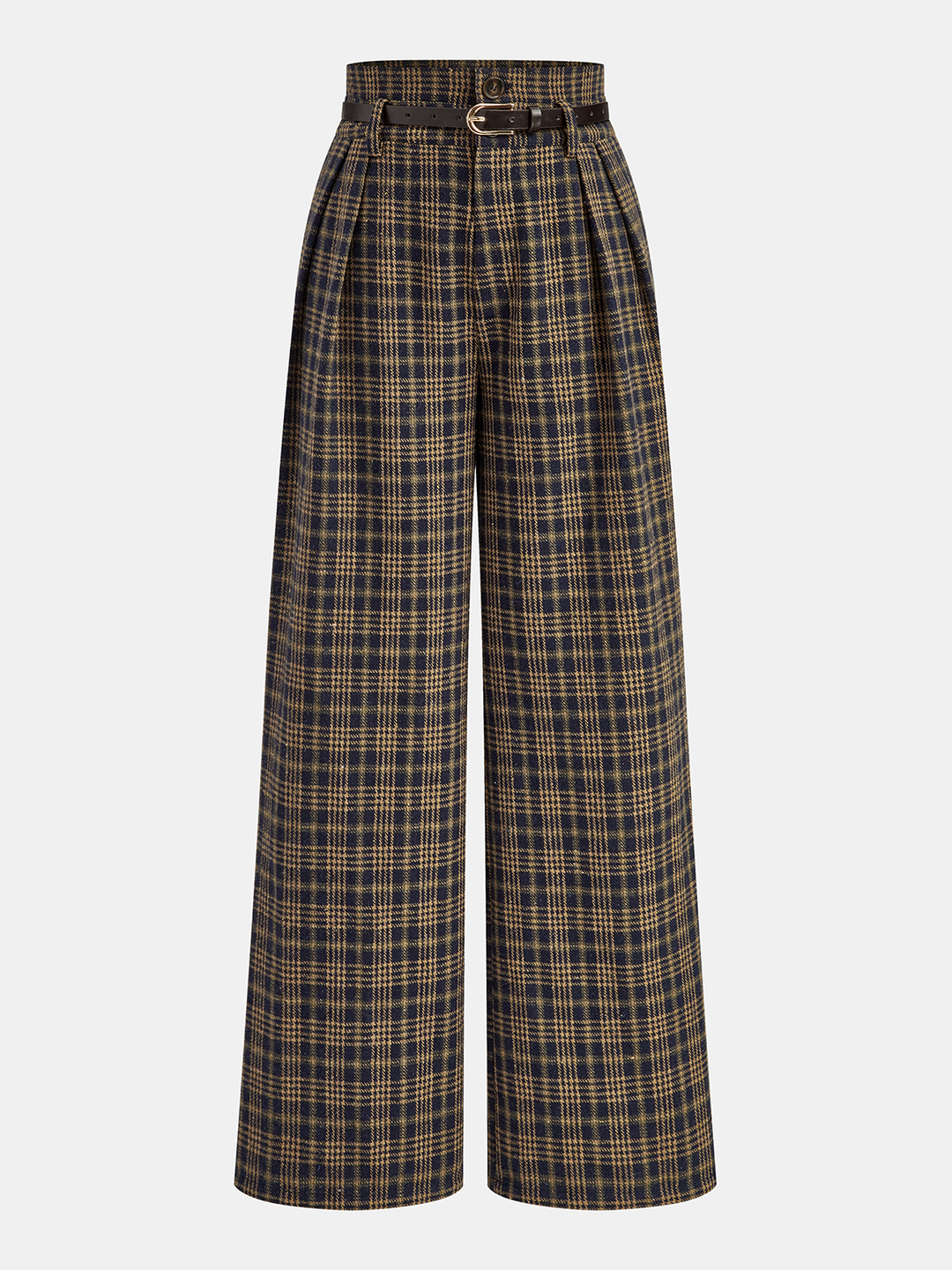 Belted Plaid High-Waisted Pants