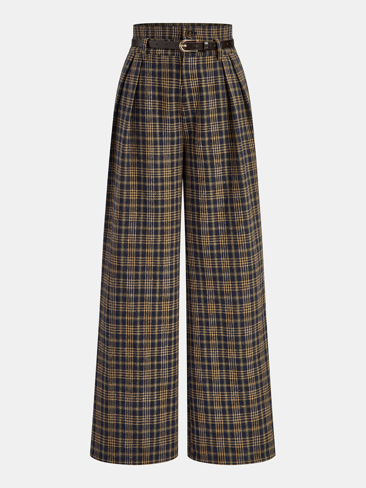 Belted Plaid High-Waisted Pants