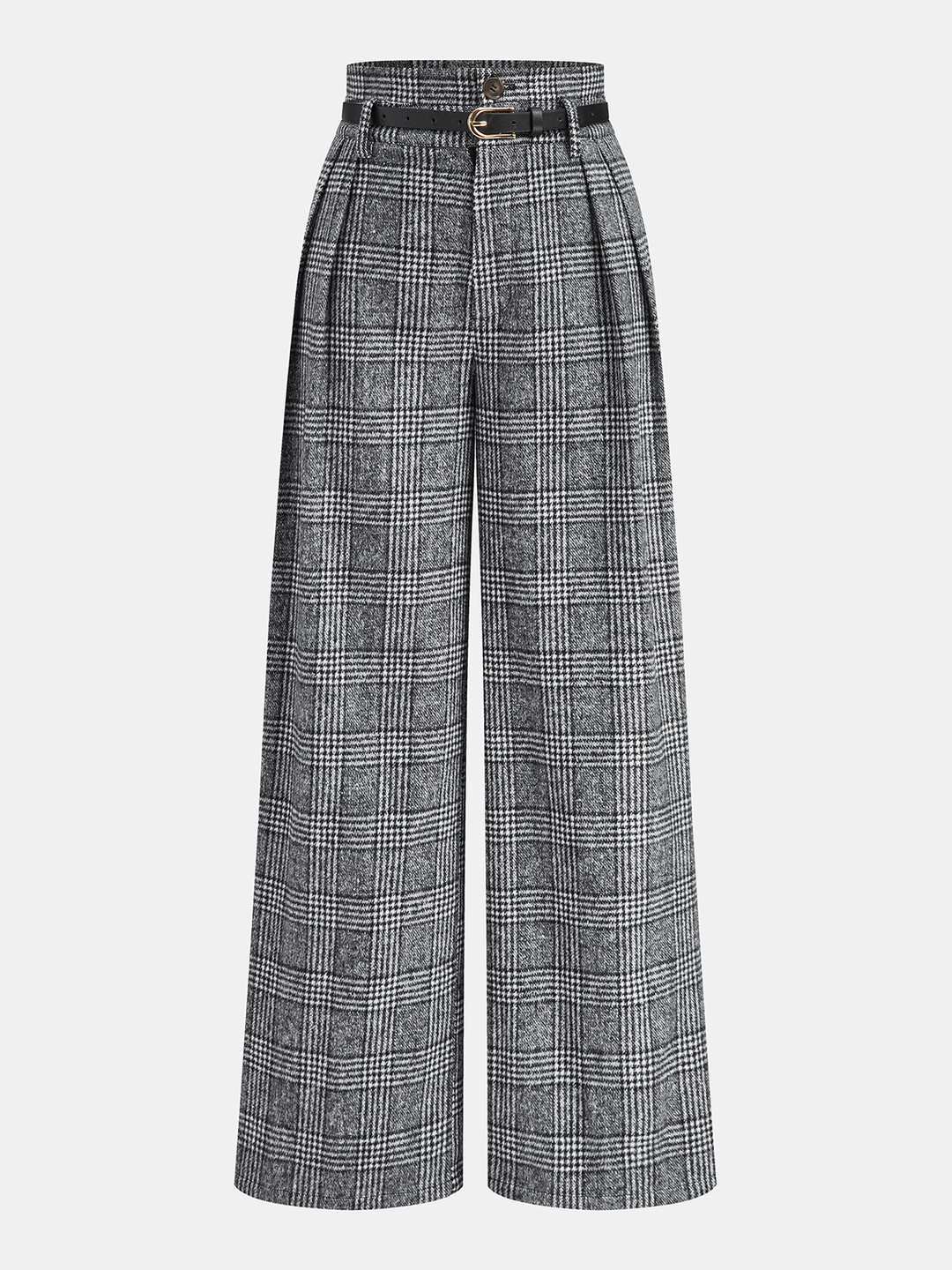 Belted Plaid High-Waisted Pants