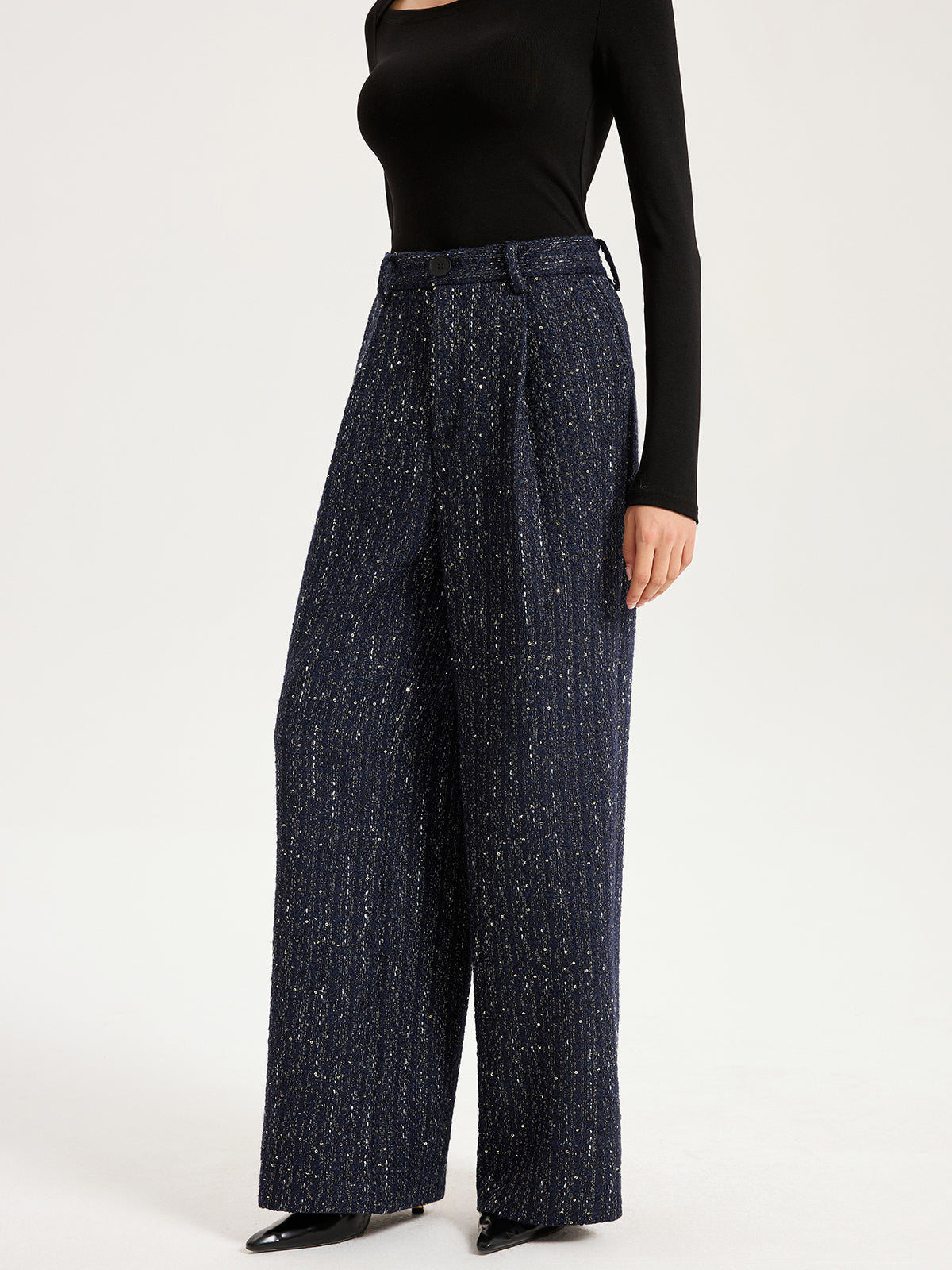 Mid-Waist Tweed Sequin Wide-Leg Pants