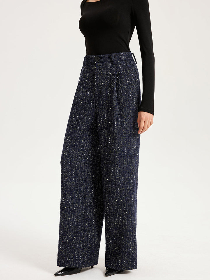 Mid-Waist Tweed Sequin Wide-Leg Pants