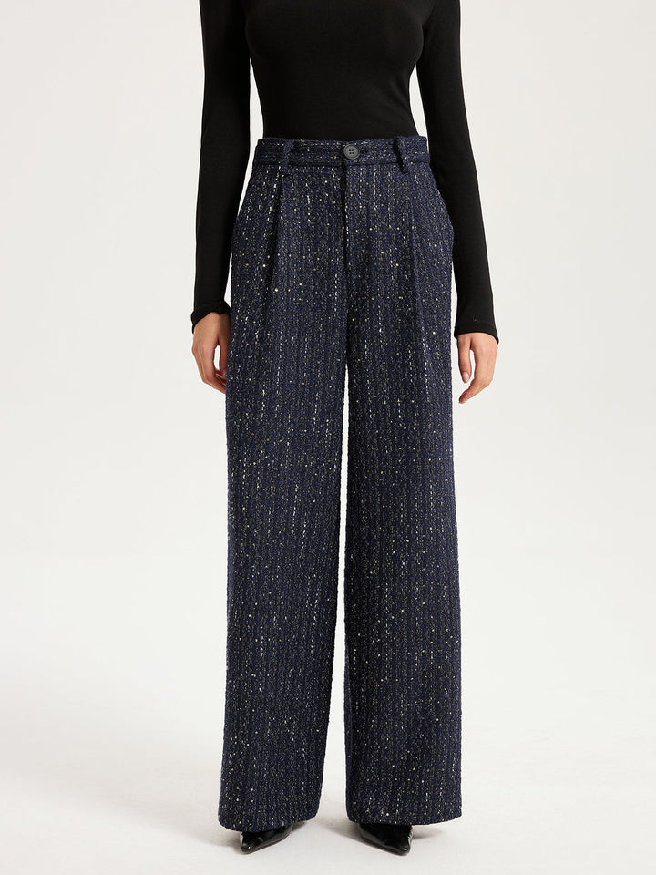 Mid-Waist Tweed Sequin Wide-Leg Pants