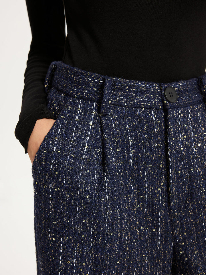 Mid-Waist Tweed Sequin Wide-Leg Pants