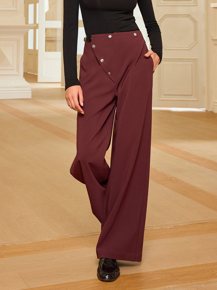 Asymmetric Waistband Straight-Leg Pants