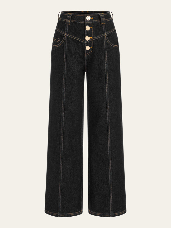 Mid-Waist Wide-Leg Button Front Jeans