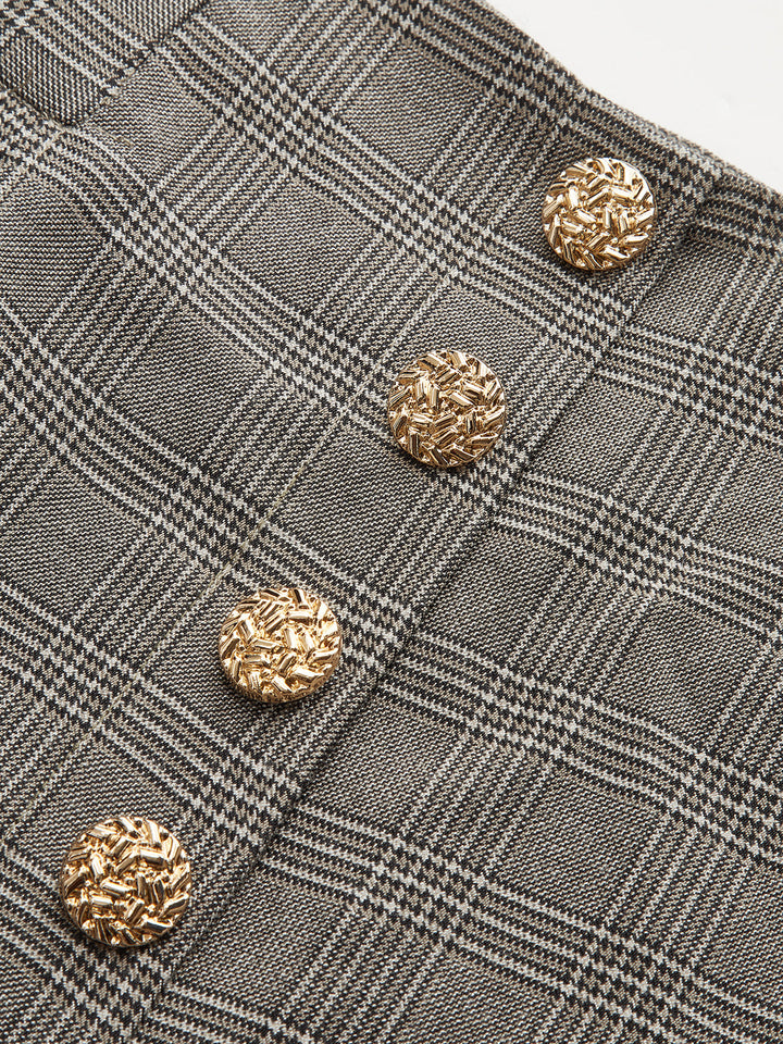 High-Waist Button Detail Plaid Wide-Leg Pants