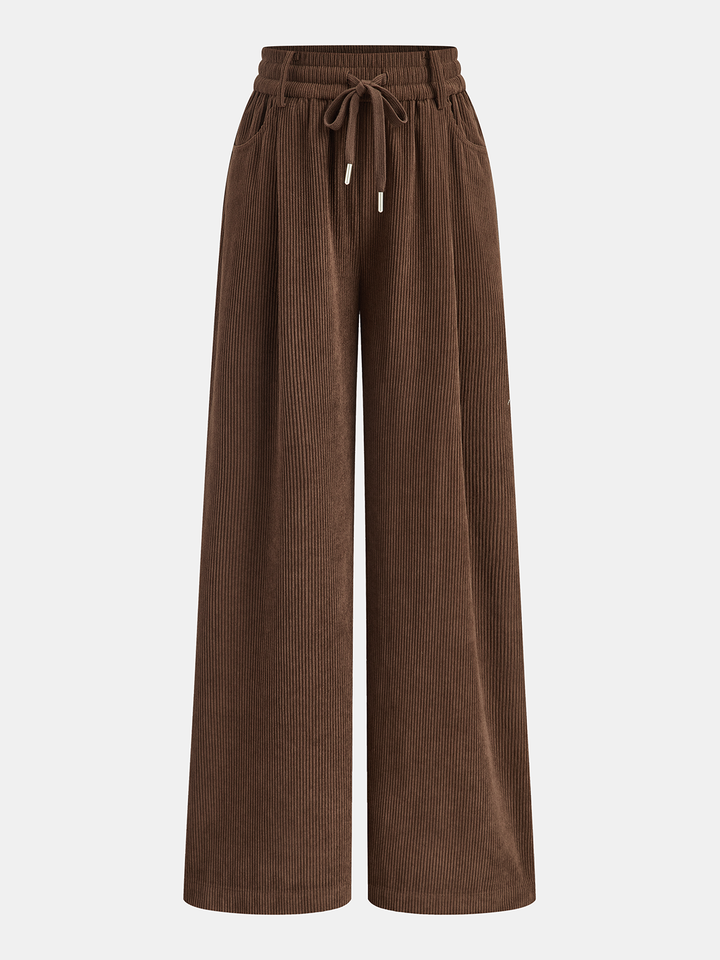 Mid-Waist Corduroy Wide-Leg Drawstring Pants