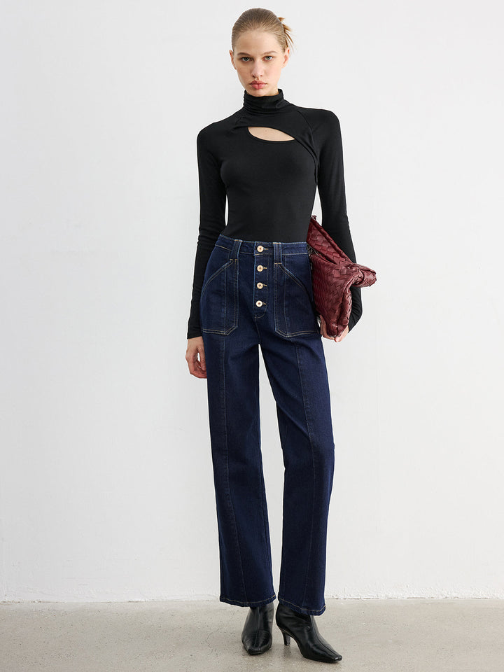 Button Placket High-Waist Straight-Leg Jeans