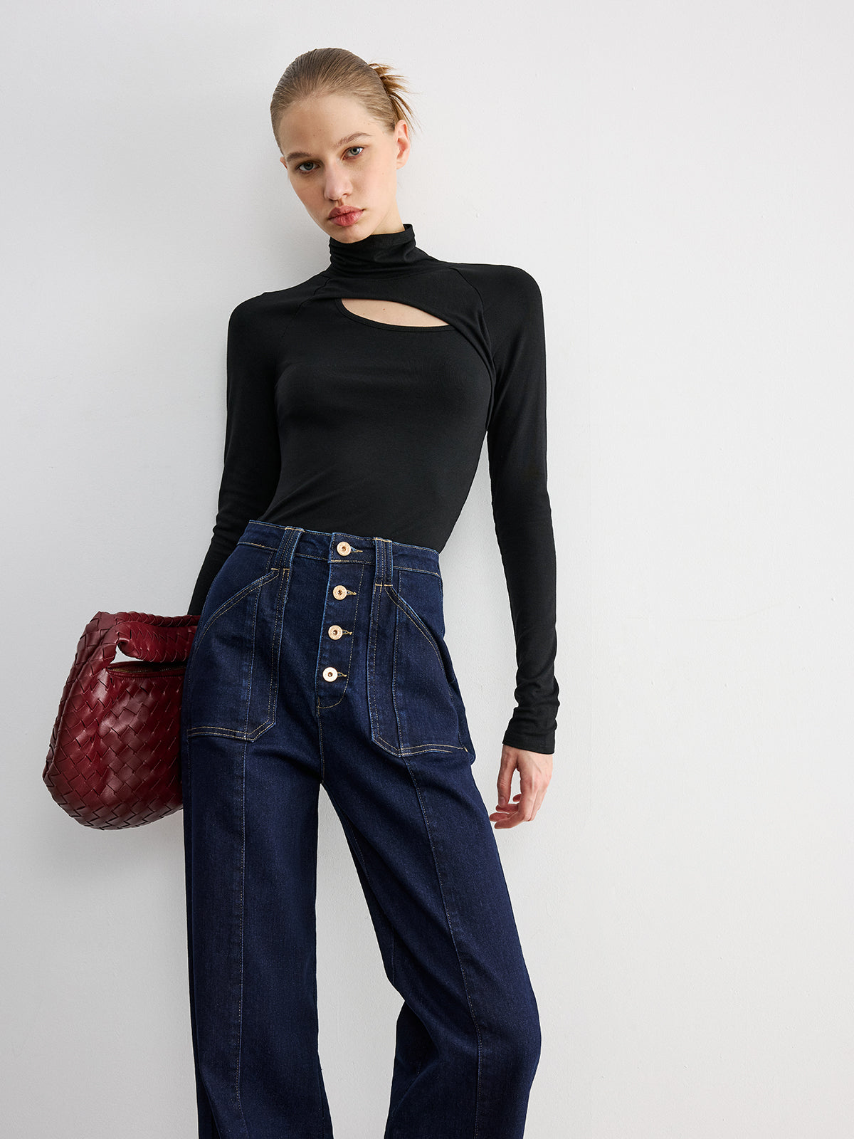 Button Placket High-Waist Straight-Leg Jeans