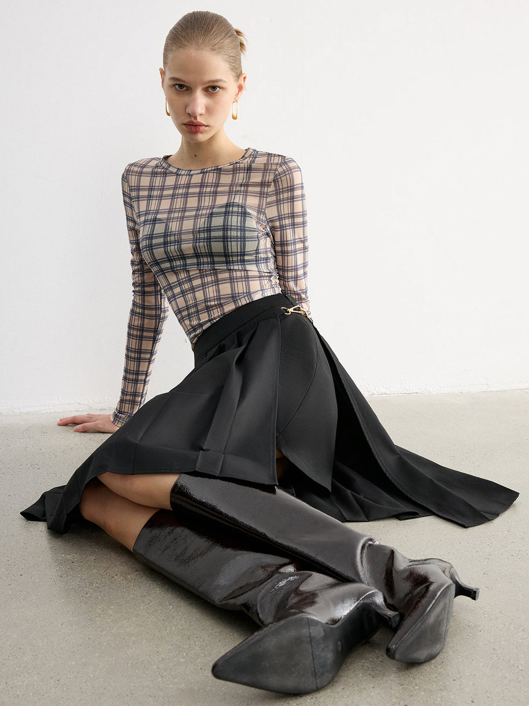 Horsebit Pleated Midi Skirt
