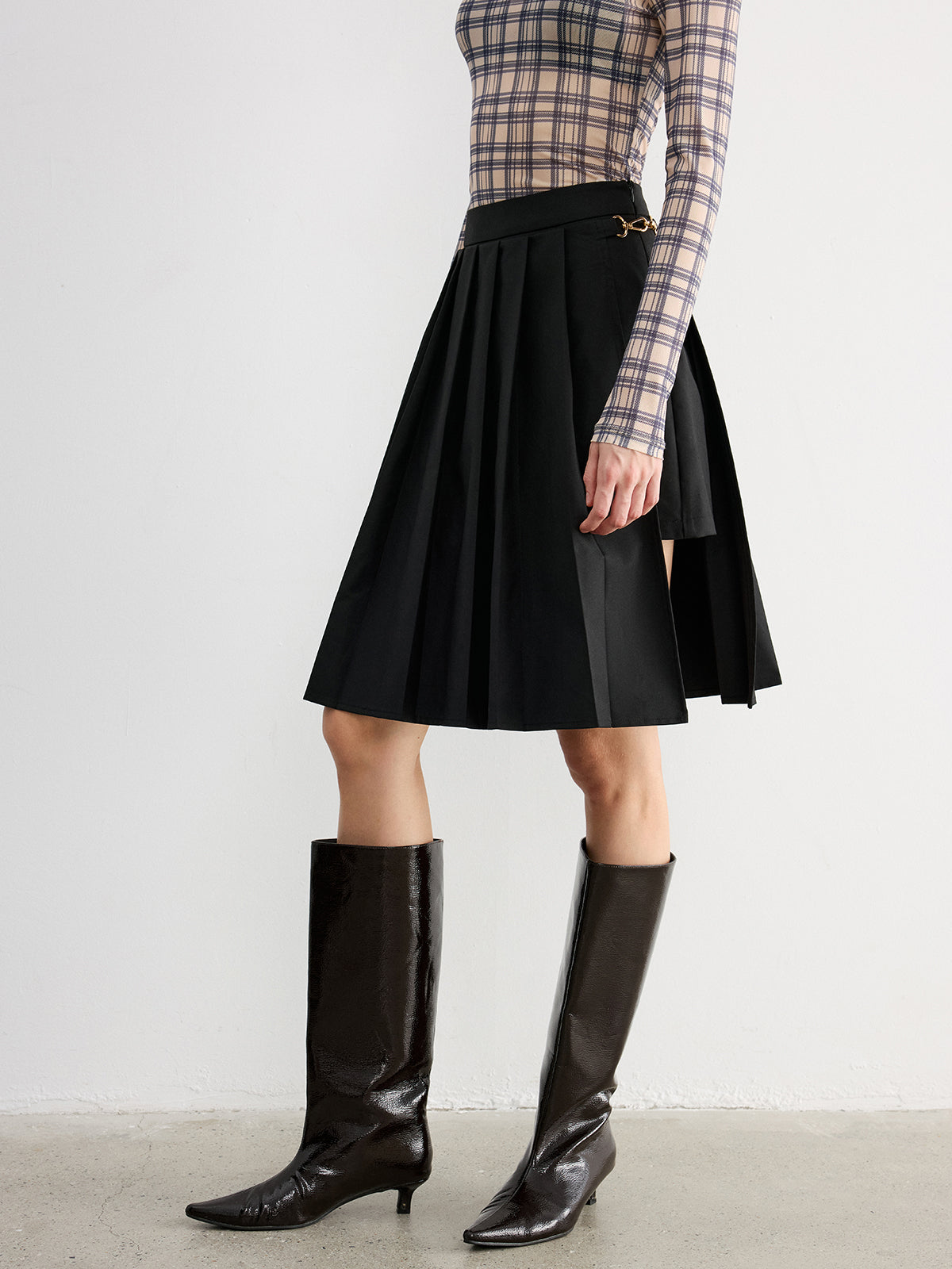 Horsebit Pleated Midi Skirt