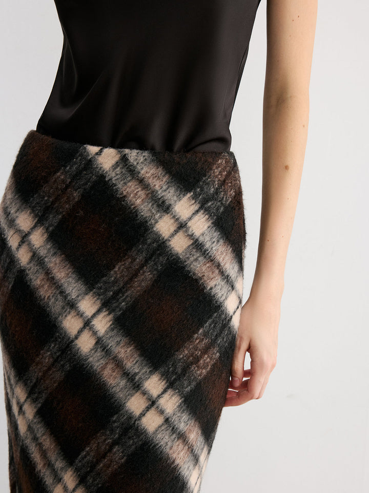 Plaid Wool-Blend Midi Pencil Skirt