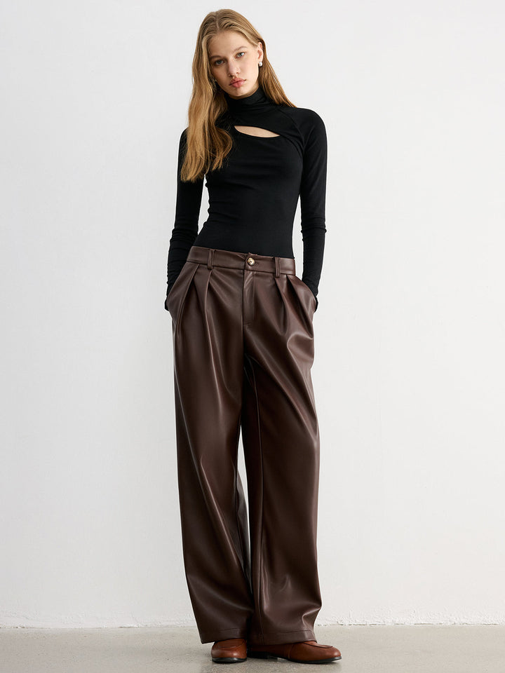 Mid-Waist Faux Leather Wide-Leg Pants