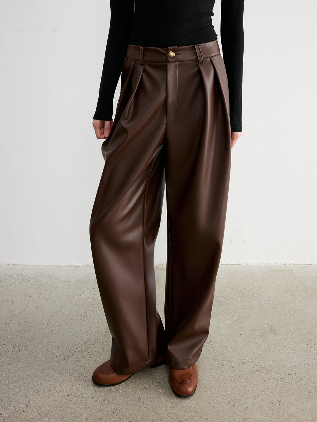 Mid-Waist Faux Leather Wide-Leg Pants