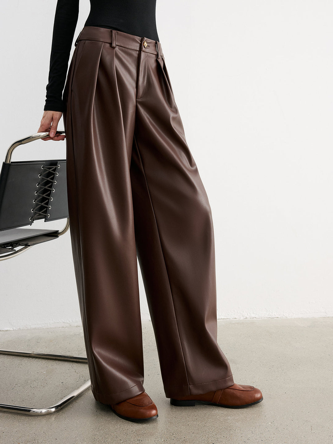 Mid-Waist Faux Leather Wide-Leg Pants