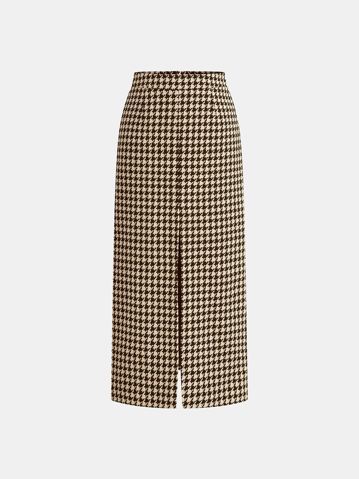 Houndstooth Tweed Slit Front Maxi Skirt