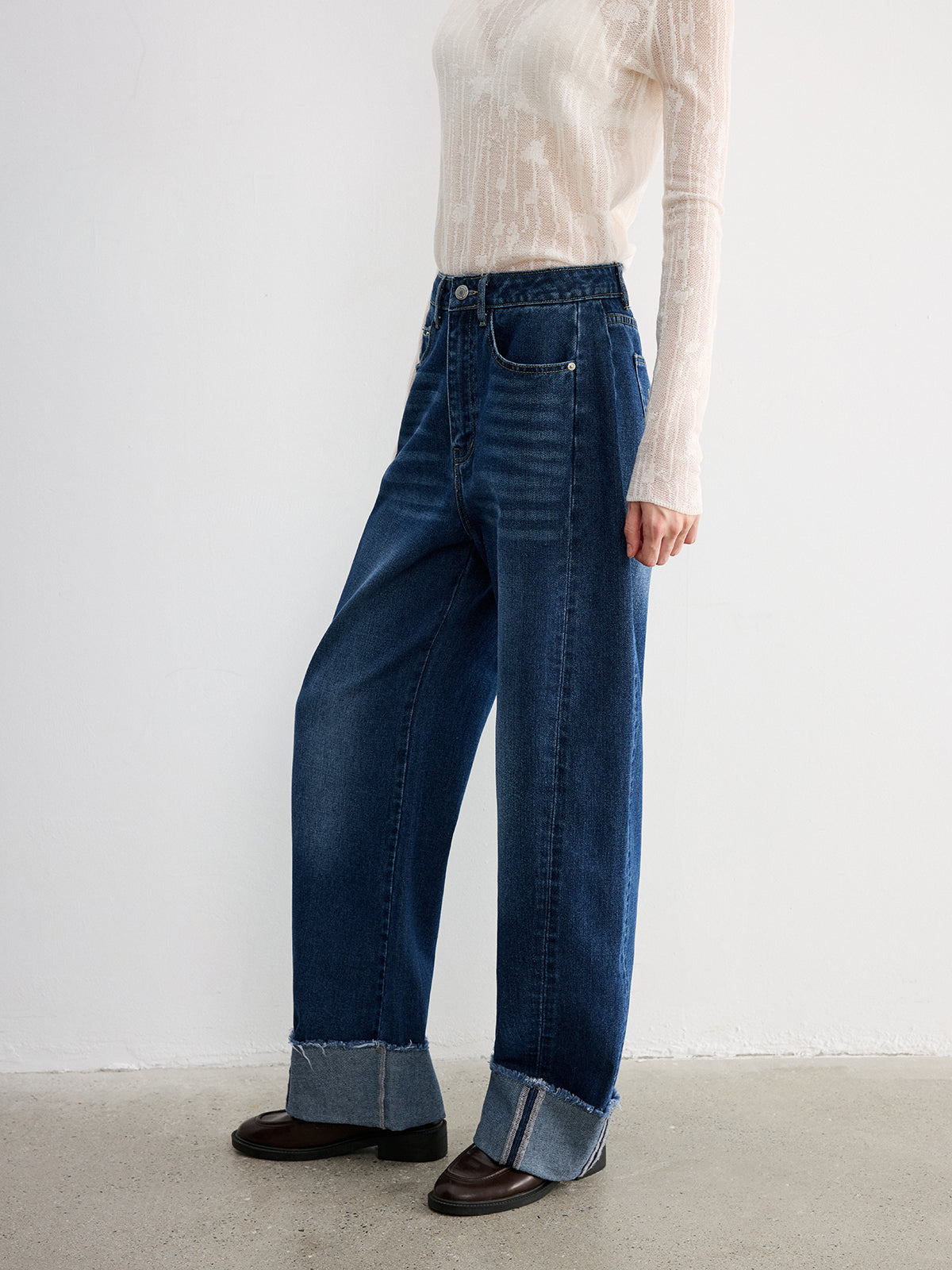Frayed Cuffed Denim Wide-Leg Jeans