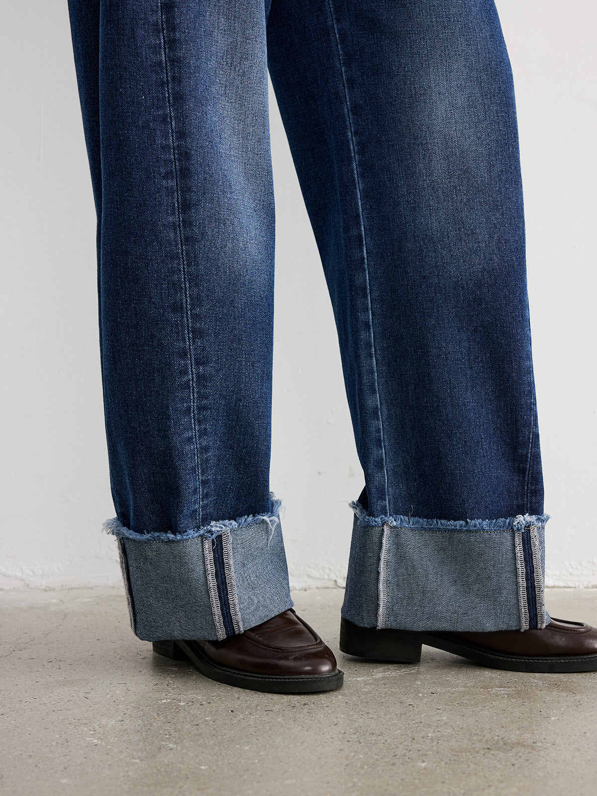 Frayed Cuffed Denim Wide-Leg Jeans