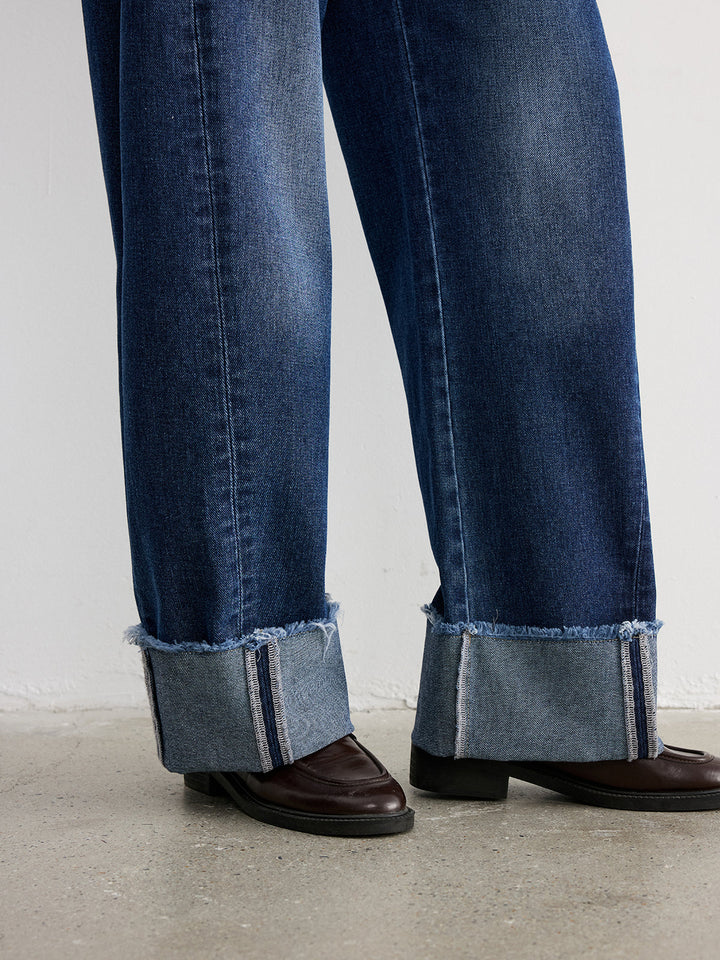 Frayed Cuffed Denim Wide-Leg Jeans