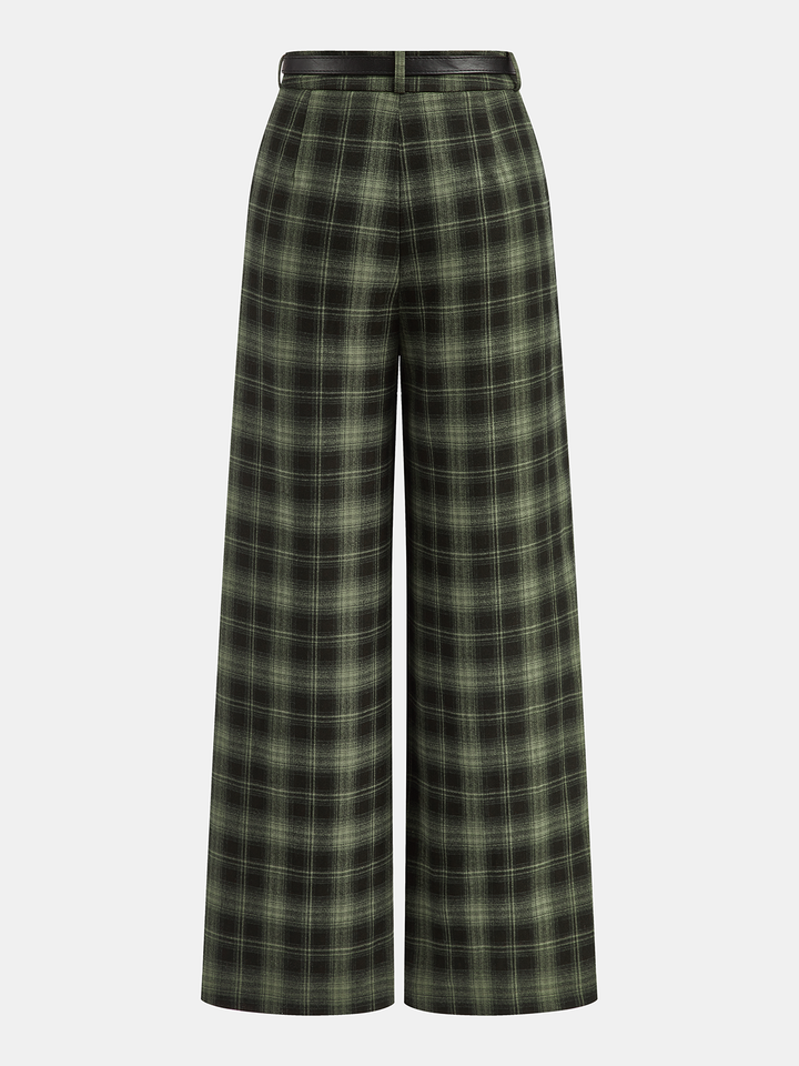 Belted Plaid Straight-Leg Pants
