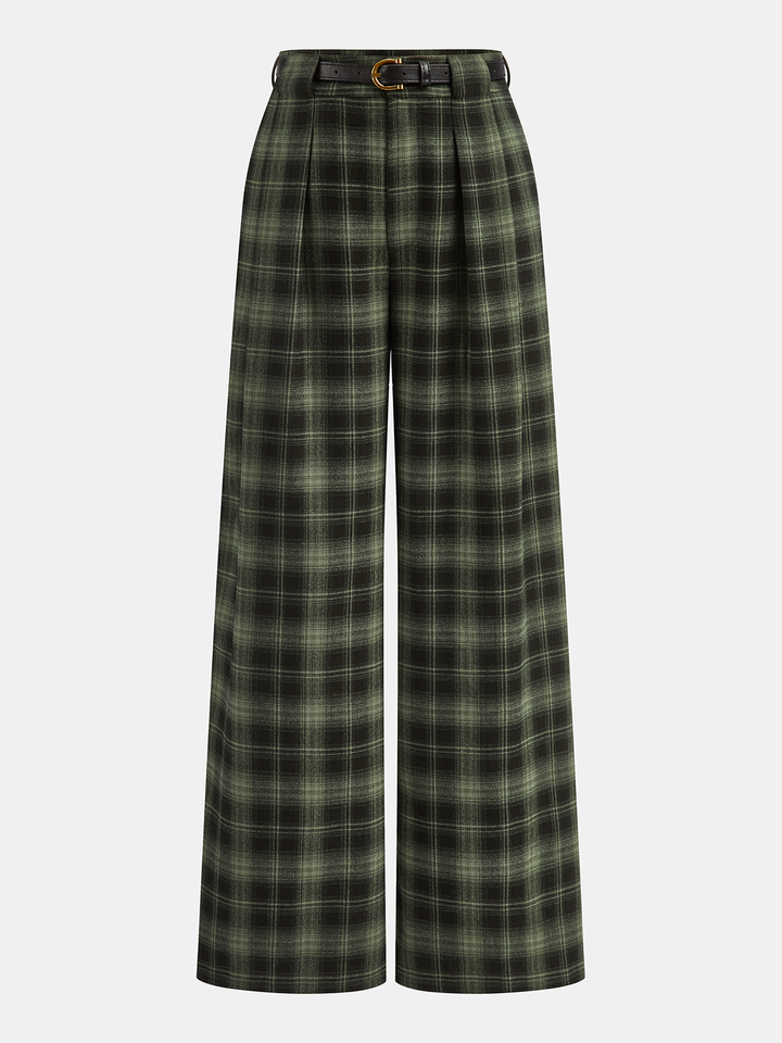 Belted Plaid Straight-Leg Pants